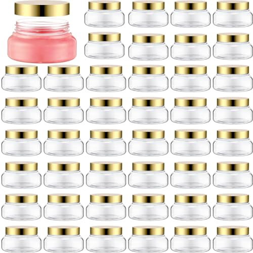 Mumufy 48pcs 5 oz Plastic Cosmetic Jars with Lids, Gold,Clear