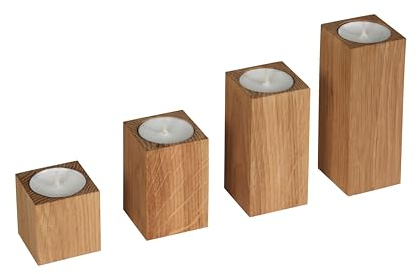 Generisch Kerzenständer Set 4 Stück Teelichthalter Mit Kerzen Teelichter Kerzenhalter Aus Holz Holzdeko Kerzenuntersetzer Eichenholz Geölt Rustikal Boho