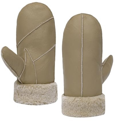 MGGMOKAY Damen Lammfell Shearling Fäustlinge Warme Winter Lederhandschuhe,Beige,S