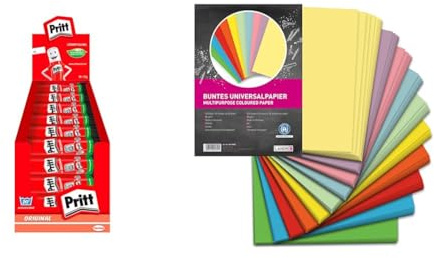 Pritt Klebestift, sicherer und kinderfreundlicher Kleber für Kunst und Bastelarbeiten & Landré 250 Blatt A4 buntes Universal-Papier, 80g/m², Drucker-Papier, 10 Farben