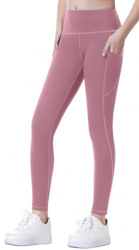 SEAUR Mädchen Sport Leggings Lang Yogahose mit 2 Taschen Einfarbig Eng Jogginghose Laufhose Sporthose Trainninghose 110-152