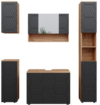 Vicco Conjunto de Muebles de baño Irma, Antracita con Estructura de Panal, 80 cm, Compuesto por Mueble bajo Lavabo, Espejo, Columna Alta, Columna Media y Armario Colgante