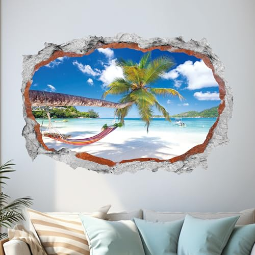 HPNIUB 3d Kaputter Wandaufkleber,90 * 60cm(BxH),Wandtattoo Wohnzimmer Landschaft,Selbstklebend Wandsticker Meer Baum Poster,Vinyl Wandaufkleber Durchbruch Deko für Wohn (Ozeane)