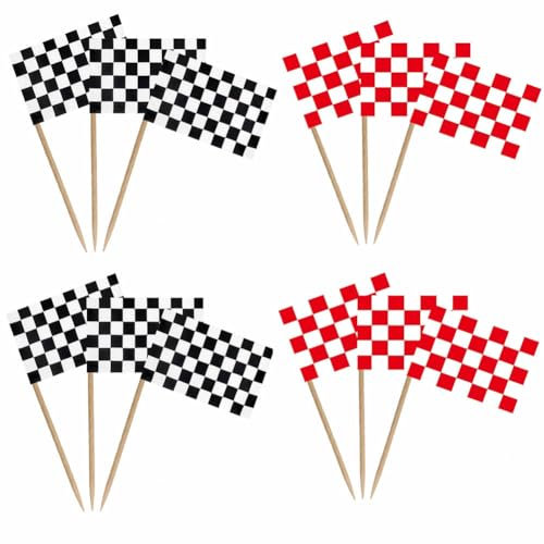 Nenluny 100 palillos de dientes de bandera de carreras a cuadros negros y rojos para decoración de magdalenas, banderas de cena, decoración de tartas de coche de carreras