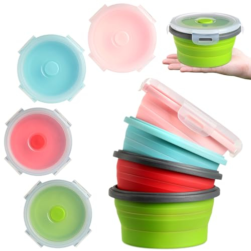 Suclain 4 Pcs Camping Bowl with Lid Collapsible Silicone Lunch Box Salad Bowl Expandable Food Storage Container Folding Travel Container for Hiking Camping(Red, Pink, Blue, Green,17 oz)