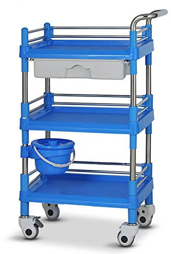 Utility Cart Organizer Servicewagen, 3-Stufiger Edelstahl-Krankenschwesterwagen, Abs-Rollservicewagen Mit Schublade Und Schmutzeimer, Krankenhaus-/Schönheitssalon-/Labor-Instrumentenwagen (Blau)