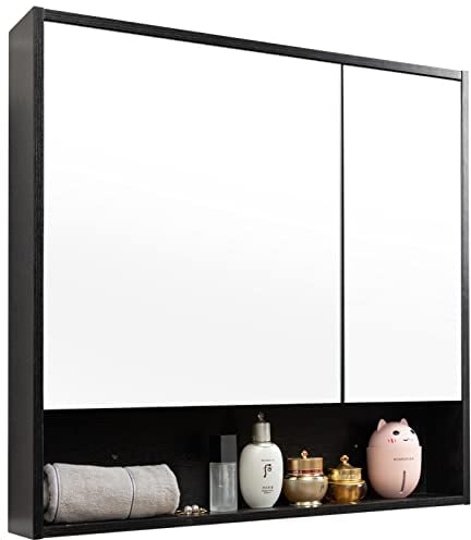HollyHOME Armoires de salle de bain à miroir avec étagère, double porte miroir, armoire de salle de bain, armoire de rangement de toilettes, noir