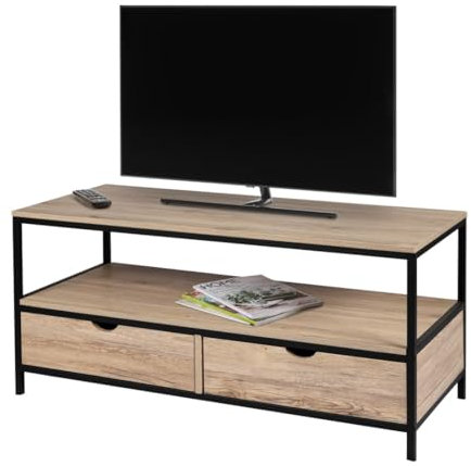 Meublorama Meuble TV Style Classique avec 2 tiroirs Collection RANONG– Coloris chêne Clair & Noir, Dimensions 120x39xH57 cm