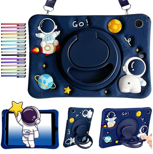 Étui Enfants Compatible avec Samsung Galaxy Tab A9 Plus 11 2023 (SM-X210/X216/X218) Jolie Coque Astronaute 3D avec Poignée Rotative à 360°, Bandoulière