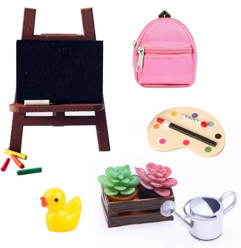 Miniatur Wichtel Zubehör Weihnachten,Mal Kunst Set Puppenhaus Zubehör Miniatur Deko,DIY Staffelei Wichtel Zubehör Set Mit Topfpflanze Gießkanne