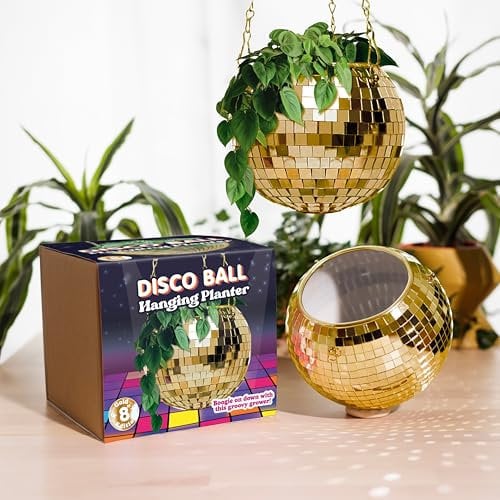 Bubblegum Stuff - Gold Disco Ball Hanging Planter - Hanging Basket For Indoor Plants, Gold Chain, Gold Rim, Herb Planter, Hanging Plant, Boho Decor - Hanging Plant Pots - Room Decor 8 inch