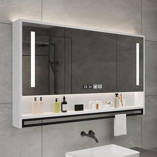 GEESDF Badezimmerspiegel 3 Türen Badezimmerspiegelschrank Mit LED-Leuchten Wandmontierter Badezimmerschrank Mit Verstellbaren Lagerregalen Sensor-Touch-Spiegelschrank Für Badezimmer,Weiß,90cm