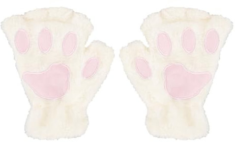 Cat Gloves,Women Cat Paw Winter Mittens Plush Warm Half Finger Cute Novelty Bear Claw Thermal Soft Hand Gear Furry Fingerless,for Halloween Cosplay Party Fancy Dress Costume Outfit Accessories(White)