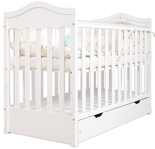 moto-MOLTICO Gitterbett Babybett 2in1 60x120 mit Schublade Schlupfsprossen und Lattenrost Höhenverstellbar Umbaubar zum Juniorbett für Mädchen und Junge - Weiß