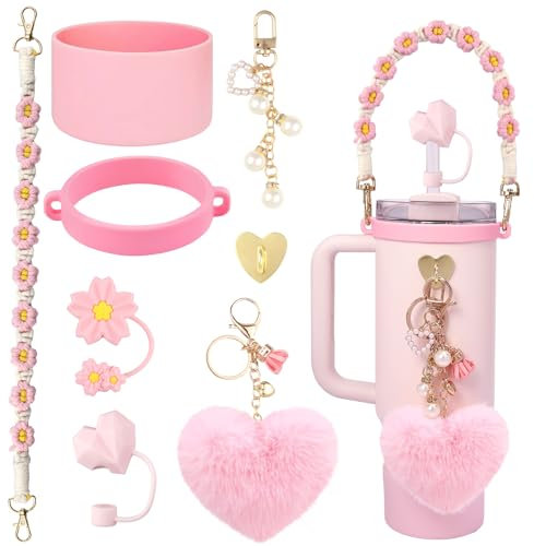 VANHVIS 8-Piece Water Bottle Accessories Set for Stanley Cup 30oz & 40oz Tumblers Includes Handle Strap, Silicone Boot, Straw Cover Cap, and Pearl Keychain Charms