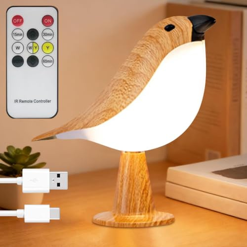 Wiederaufladbare Tischlampe Vogel, 2600 mAh Touch- und Fernbedienung, Vogellampe, kabellos, stufenlos, dimmbar, Nachttischlampe für Aromatherapie, Nachttischlampe mit Vogelruf, Timer, 3
