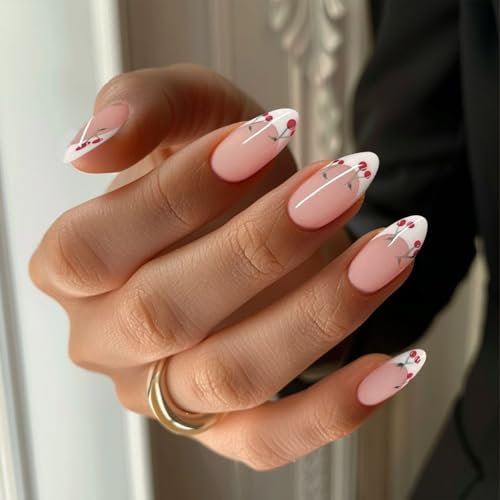 24PCS Cherry Pattern Press on Nails – Short Teardrop-Shaped French Fake Nails, Full Cover Acrylic Nails for Women, Elegant & Natural Look, Quick DIY Nail Art Solution
