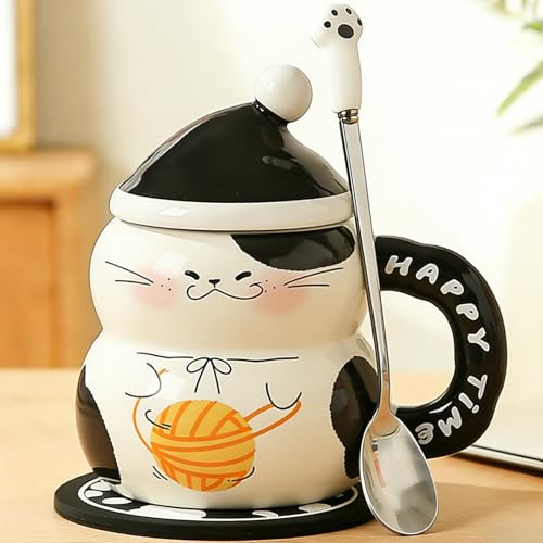 Disoza Tasse chat avec couvercle 400 ml Cat Mug Chats Déco Cadeau Céramique Tasse à thé Noël Tasse Cadeau d'anniversaire Tasse à chat 3d Tasse à café pour hommes Frère Ami Femme Amie