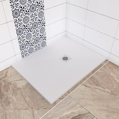 Receveur de douche blanc rectangulaire - En résine - Grille en inox - Bac à douche 100x80x3cm - Extra plat - Avec bonde d'évacuation