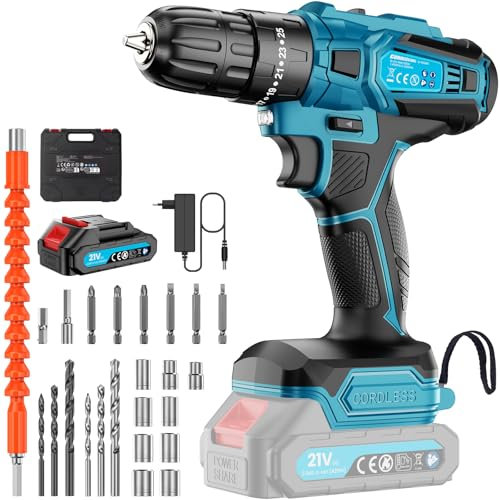 Trapano Avvitatore Batteria, Trapano Avvitatore 21V con Batteria da 2000mAh, Trapano a Batteria Max 30N·m, Regolazione Della Coppia 25+3, 2 Velocità, Mandrino da 10mm, con Illuminazione a LED