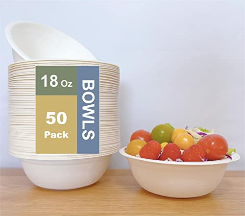 EcoHousing 18 Ounces(500ml), 50Pcs, White 100% Compostable Paper Disposable Bowls, Made of Bagasse Fibers, Eco-Friendly and Natural Biodegradable, Perfect for Salad, Soup, Dessert