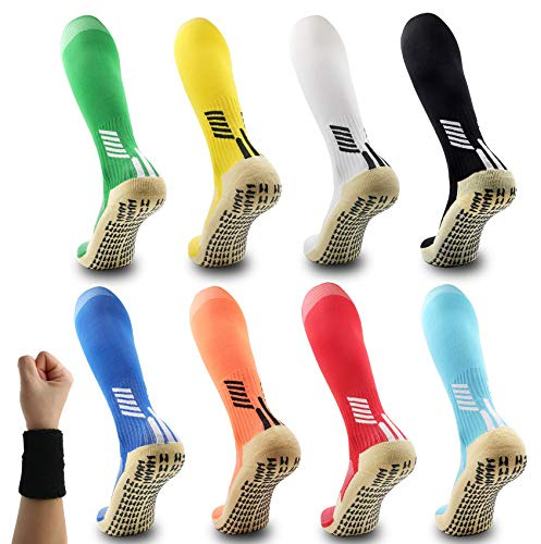 Dee Plus Kniehohe Rutschfeste Socken Damen Herren | Kompressionsstrümpfe für Fußball, Basketball, Yoga | Anti-Rutsch Noppensohle mit Grip | Sport Stutzenstrümpfe Lang (Gr. 38-46) (2 Paar Orange)