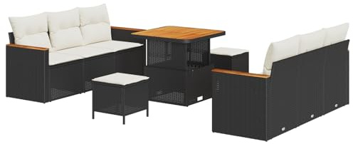 vidaXL Garten-Sofa-Set mit Kissen 9 pcs Schwarz Poly Rattan, Garten und Terrasse, Modernes Modular Sofa Set, Verstellbare Füße, Langlebiges Outdoor-Loungemöbel, Rattan Terrasse