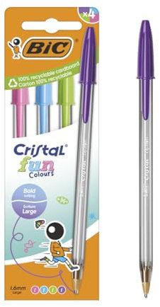 BIC Cristal Fun Colours Stylos-bille Pointe Large (1,6 mm) avec encres fantaisie - Couleurs assorties, pack de 4