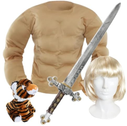 Muskelbrust-Kostüm-Set mit blonder Perücke, 73,7 cm Schwert-Requisite & Tigerspielzeug, 80er-Jahre-Helden-Kostüm-Outfit für Erwachsene, Größe XL