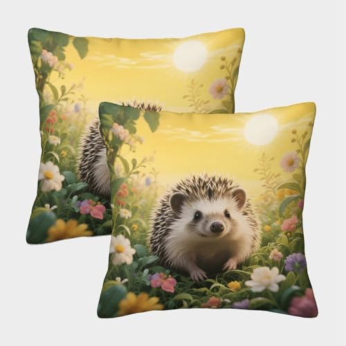 EMYXPAQM Igel Kissenbezug 2er Set Igel Pflanzen Blumen Kissenhülle Polyester Kissen Deko Bezug Für Garten Sofa Wohnzimmer Zuhause Deko 50x50cm