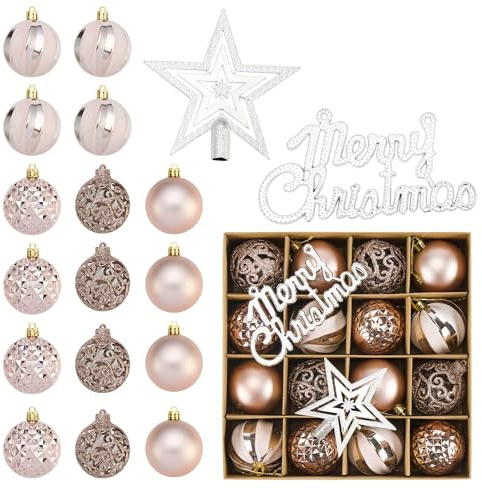 18 Pcs Christmas Tree Baubles Rose Gold Christmas Tree Ornaments Set Plastic Xmas Decorations for Holiday Parties