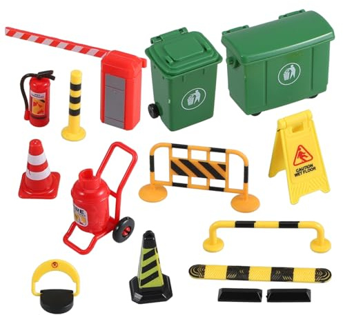 TOYANDONA Miniature Traffic Road Blocks and Barricade Toys for Kids, 15pcs Simulation Road Sign Playset for Preschool Education and Sand Table Pretend Play in Small Scale