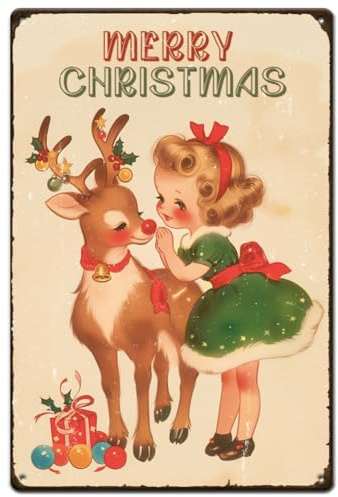 SUPERDANT Plaque Metal Vintage de Noël avec Cerf et Fille Joyeux Plaque Murale Decorative Amusante Décoration Art Mural pour Salon Chambre Panneau Decoratif Exterieur Metal Cadeaux de Christmas