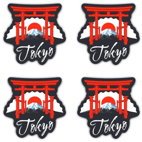 Aufkleber: 75 mm, 4 Stück - Sticker Set Reise Japan Torii Sonne Fuji Tokyo Vinyl wasserfest Outdoor Laptop Koffer Auto 75 mm