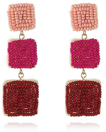 Ethnische Frauen kontrastierende Farben Stoff nähen handgefertigte Perlenohrringe, Quadrat -Tropfen -Ohrringe, Accessoires für Frauen