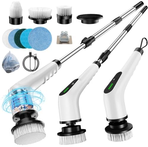 Timzeit Elektrische Reinigungsbürste 9 in 1 Elektrische Putzbürste mit austauschbaren Bohrbürstenköpfen Electric Cleaning Brush mit Verstellbarem Griff und 3000mAh Akku für Bad/Küche/Auto/Fliesen