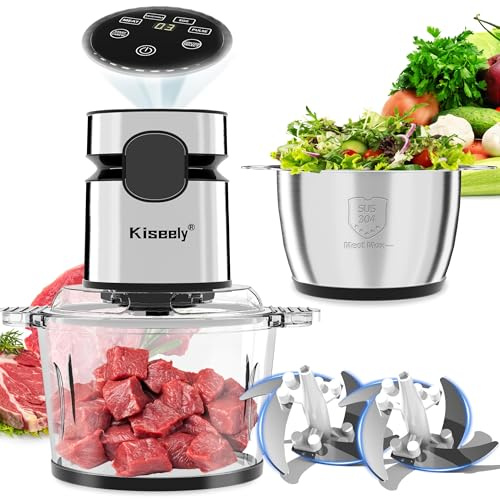 Hachoir électrique 2L avec écran LED, Robot culinaire à 3 vitesses avec 2 bols et 2 jeux de lames à deux niveaux, hachoir à viande et légumes 400W pour viande, légumes, fruits et noix (MD1)