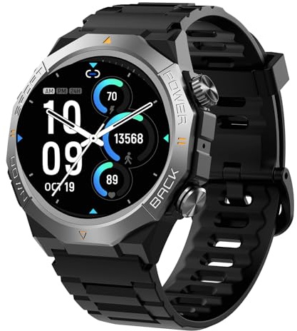 Militär Smartwatch Herren Damen, Smart Watch mitTelefonfunktion 1,39 Touchscreen, Herzfrequenzmonitor Schlafmonitor IP68 Wasserdicht Sportuhr, 110+ Sportmodi Fitnessuhr für iOS Android, Schwarz