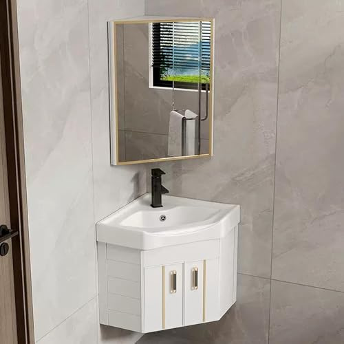 Lavabo d'angle avec armoire de toilette et miroir, meuble-lavabo suspendu pour un gain de place, vasque en céramique