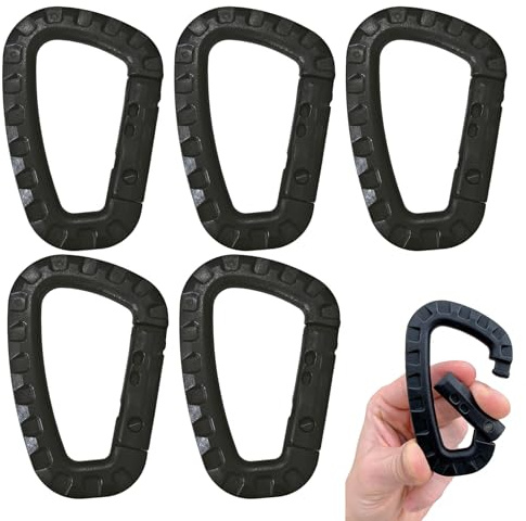 Kunststoff Karabiner 5er Set – Leichter Plastik Karabinerhaken - Molle D-Form Design, Schwarz, für Outdoor & Camping - Robust & Vielseitig Einsetzbar