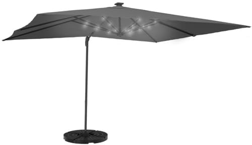 IDMarket Calvi - Sombrilla LED de 3 x 4 m, giratorio de 360 grados e inclinable, gris, con 4 azulejos y funda