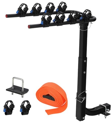 Car Bike Rack, Tow Bar Mounted Bike Carrier for 4 Bikes – Steel Bicycle Rack with Anti-Wobble Lock System, Hitch Tightener & Safety Straps, Easy Assembly for Cars, SUVs, MPVs & Vans – Black