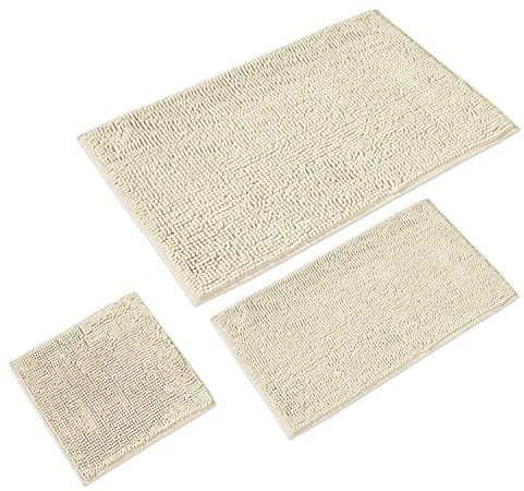 WohnDirect Badematten Set 3 teilig Creme • WC Vorleger (45x45cm), Badematte (50x80cm,70x120cm) • rutschfest waschbar Badezimmerteppich OHNE WC-Ausschnitt