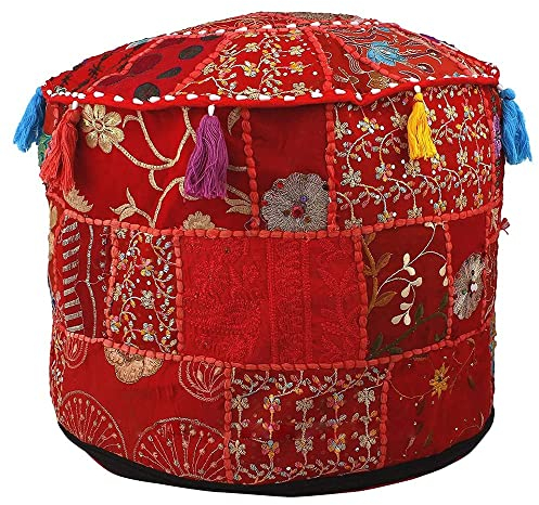 Aakriti Indian Pouf Fußhocker mit Stickerei Pouf, indische Baumwolle, Pouffe osmanischen Pouf Cover mit ethnischem Dekor Kunst - Cover (Red, 46x33 cms)