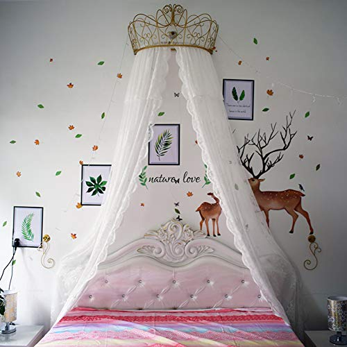 GE&YOBBY Prinzessin Betthimmel,weiße Spitze Chiffon Bett Vorhang Dekorative Drapery Metall-Krone Mit Sternen Lichter Für Mädchen Schlafzimmer-weiß 2.0m