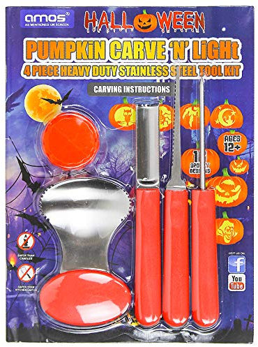 AMOS Heavy-Duty Halloween Pumpkin Carving Set W/ 4 Tools, Battery Operated LED Lights, 16 Stencil Design Pattern Book | Halloween Accessories
