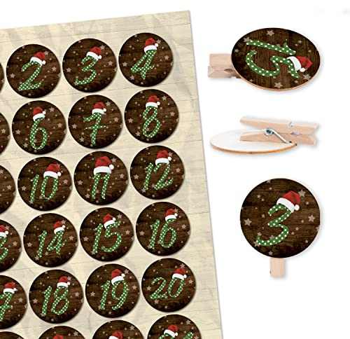 Logbuch-Verlag 1 bis 24 Zahlen Nummern zum Adventskalender basteln: AUFKLEBER + HOLZKLAMMER Holz-Scheibe rund 4 cm rot grün gepunktet Aufkleben Anklammern