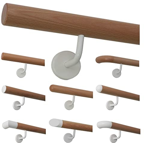 TIBU Buche Holz Handlauf Geländer weiße Edelstahl Halter 30-500cm Wandhandlauf Wand Treppe, Länge 350 cm mit 5 Halter und Endengefast