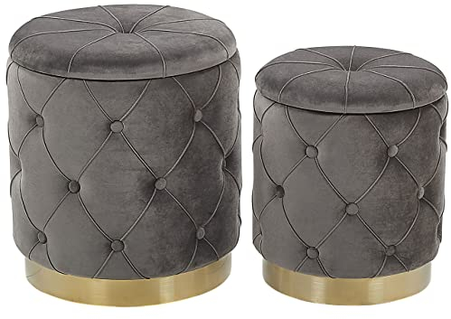 Runder Pouf im 2er Set Samt grau Ottoman Sitzpouf Chesterfield Stil Pueblo