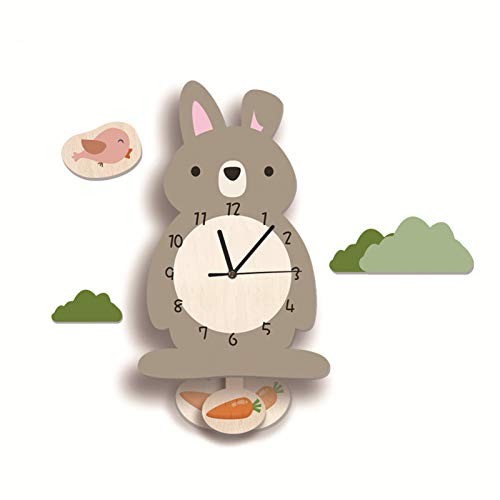 SWECOMZE Kinder-Wanduhr, Wanduhr aus Holz, Uhr ohne Tickgeräusche, Lautlos Uhrwerk, Kinderuhr, Wanddeko für das Kinderzimmer (Hase)
